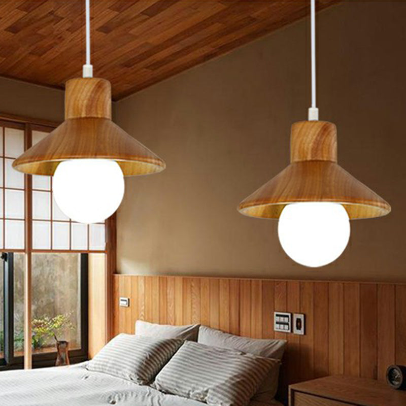 Wooden Cone Shaped Nordic Ceiling Light - Beige-White | Restaurant Hanging Lamp with 1 Head