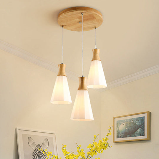 Nordic Opal Frosted Glass Conical Ceiling Light With Wood Accents - 3-Bulb Pendant For Dining Room /