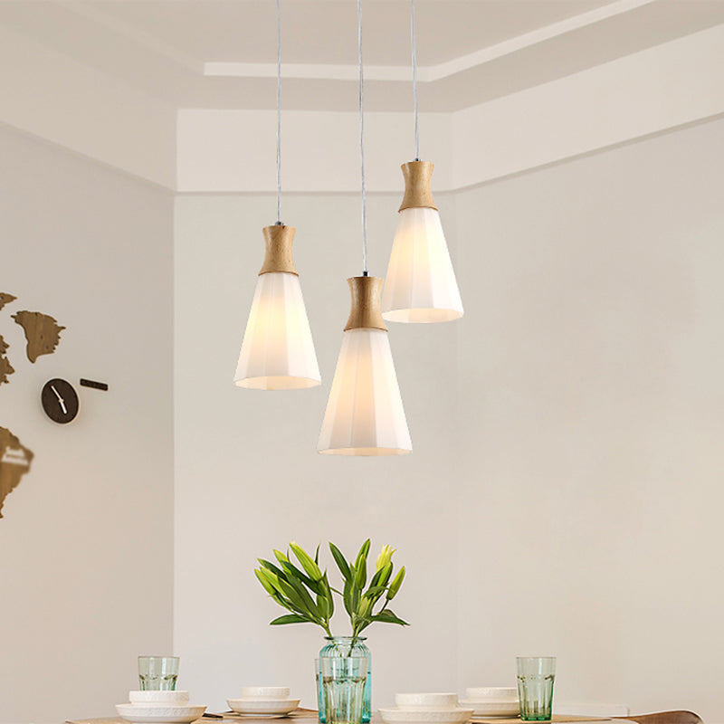 Nordic Opal Frosted Glass 3-Bulb Conical Ceiling Light Pendant with Wood Accents - Ideal for Dining Rooms