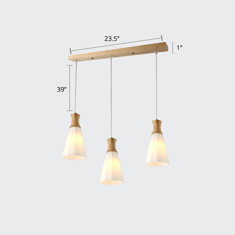 Nordic Opal Frosted Glass 3-Bulb Conical Ceiling Light Pendant with Wood Accents - Ideal for Dining Rooms
