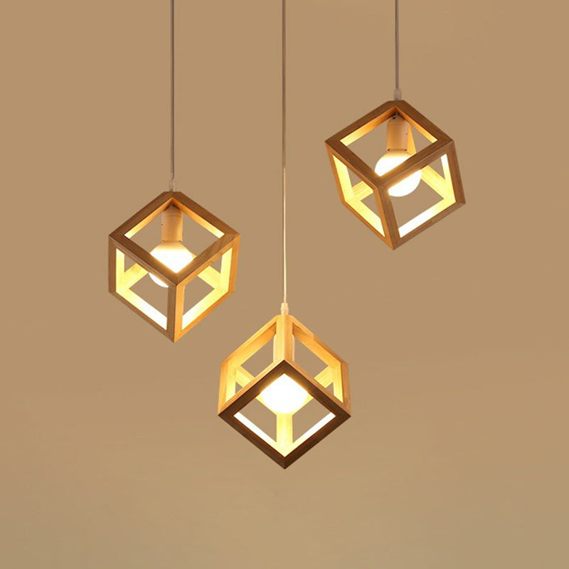 Contemporary Wood Cube Pendant Light - 3-Head Suspension for Dining Room