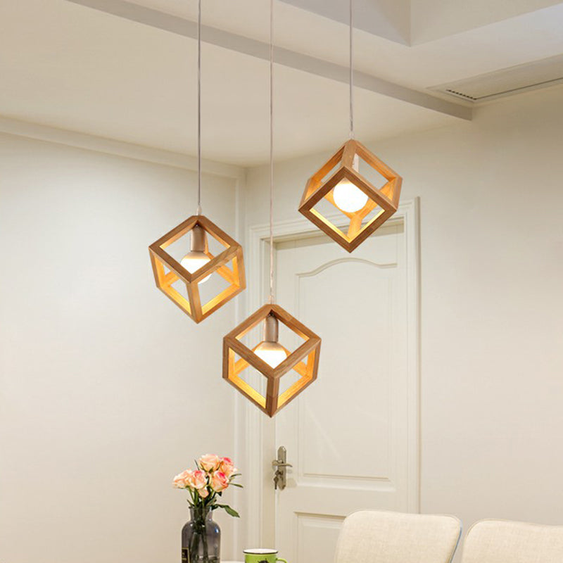 Contemporary Wood Cube Cluster Pendant Light For Dining Room: 3-Head Suspension