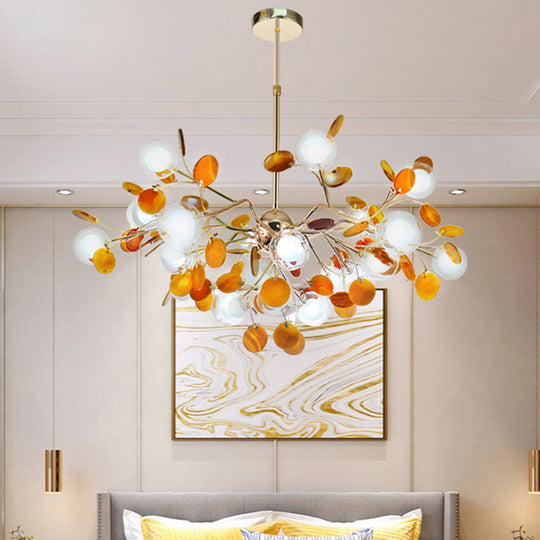 Agate Leaf Suspension Lighting Chandelier With Double Ball Glass Shade For Artistic Living Room