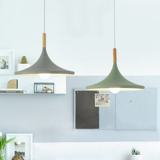 Tapered Shade Macaron Hanging Lamp: Elegant Bedside Pendant With Wooden Top