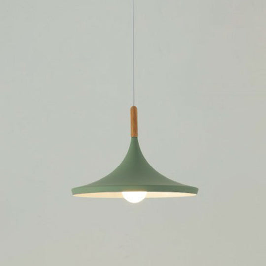 Tapered Shade Macaron Hanging Lamp: Elegant Bedside Pendant With Wooden Top Green / Wide Flare
