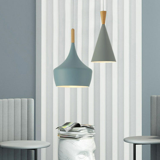 Tapered Shade Macaron Hanging Lamp: Elegant Bedside Pendant With Wooden Top Blue / Oval