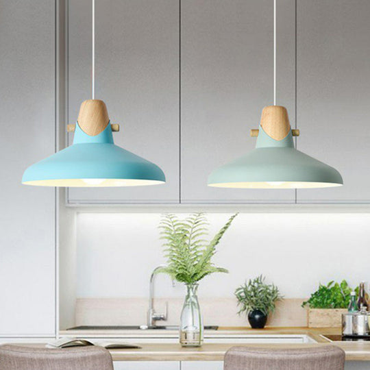 Tapered Metal Macaron Pendant Light With Wooden Decor - Restaurant Ceiling Hang Blue / 13