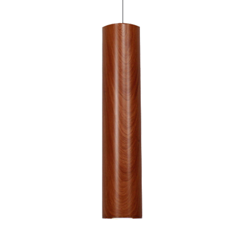 Modern Metal Brown Cylinder Ceiling Light with Wood Grain Shade - Warm/White Pendant Light for Living Room (11"/19"/27" Height)