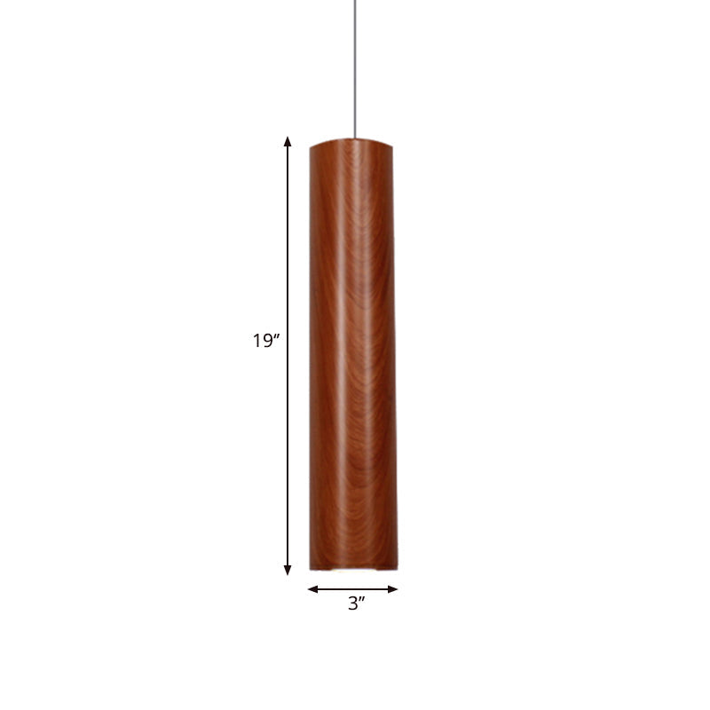 Modern Metal Brown Cylinder Ceiling Light with Wood Grain Shade - Warm/White Pendant Light for Living Room (11"/19"/27" Height)