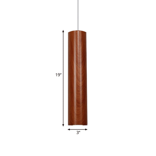 Modern Metal Brown Cylinder Ceiling Light with Wood Grain Shade - Warm/White Pendant Light for Living Room (11"/19"/27" Height)