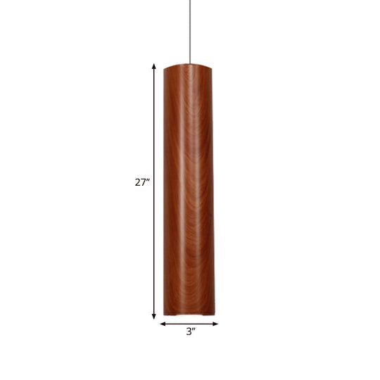 Modern Metal Brown Cylinder Ceiling Light with Wood Grain Shade - Warm/White Pendant Light for Living Room (11"/19"/27" Height)