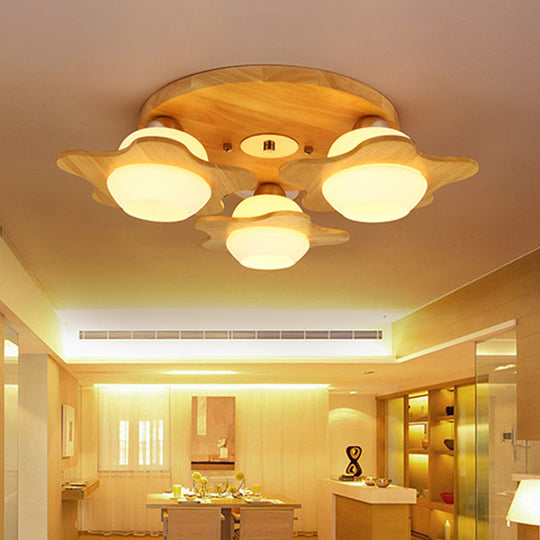 Modern Ivory Glass Flower Ceiling Light With 3-Head Flush Mount For Bedroom In Wood Finish