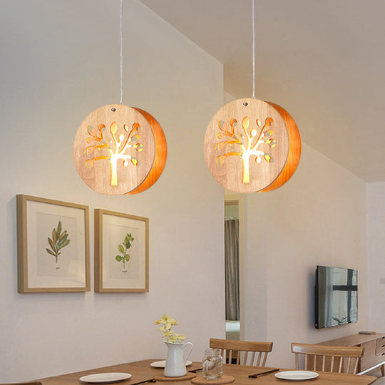 Hollowed-Out Wooden Multi Pendant Light - Minimalist 3-Bulb Beige Hanging For Dining Room