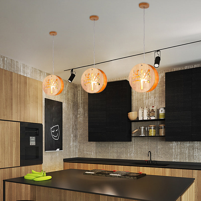 Hollowed-Out Wooden Multi Pendant Light - Minimalist 3-Bulb Beige Hanging For Dining Room Wood /