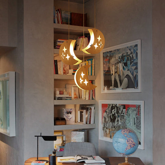 Hollowed-Out Wooden Multi Pendant Light - Minimalist 3-Bulb Beige Hanging For Dining Room
