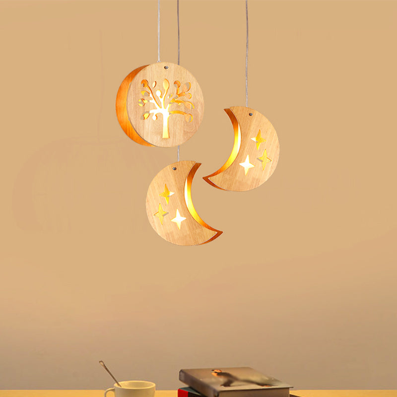 Hollowed-out Wooden Pendant Light – Minimalist 3-Bulb Beige Hanging Fixture for Dining Room