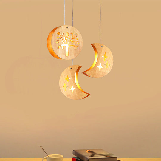 Hollowed-Out Wooden Multi Pendant Light - Minimalist 3-Bulb Beige Hanging For Dining Room