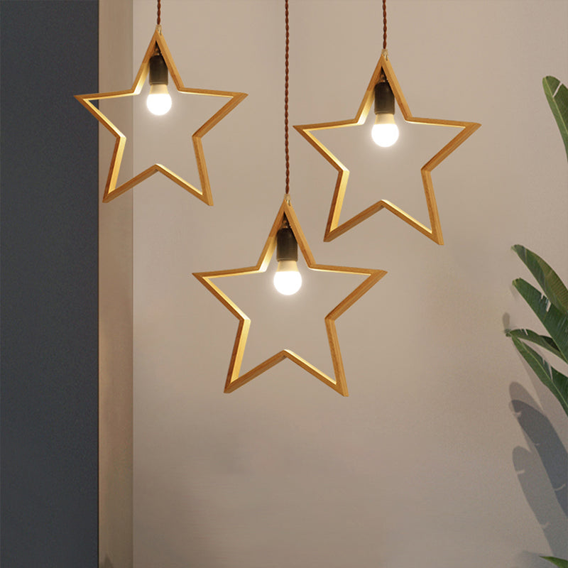Nordic Style Wooden 3-Light Star Pendant for Restaurants - Multi Hanging Light Fixture
