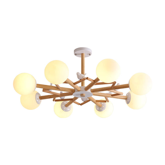 Nordic Cream Glass Ball Chandelier: Wood Accent With Bird Decor