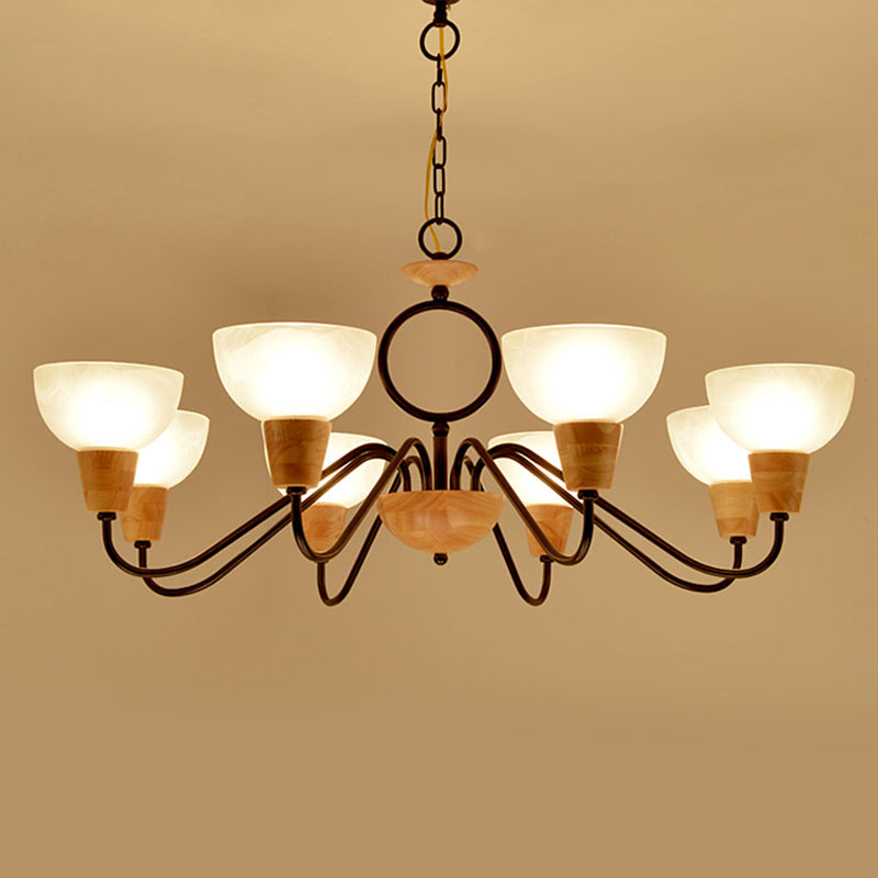 Opal Frosted Glass Bowl Chandelier with Nordic Wood and Black Ceiling Light for Bedroom