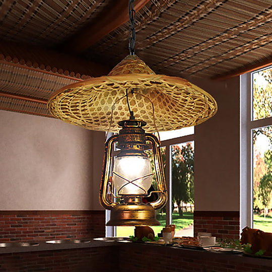 Country Style Metal Lantern Hanging Light - Beige Pendant with Rattan Hat Design, 12"/23.5" Width, 1 Bulb