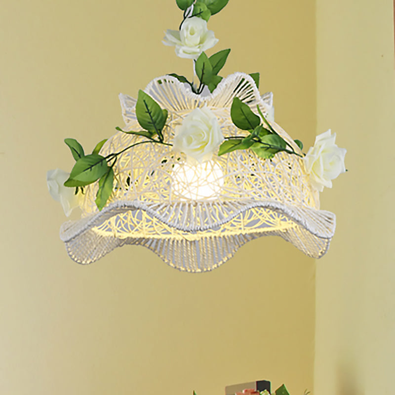 Rustic Bine Pendant Light: Single Light Drum/Scalloped Hanging Lamp in White