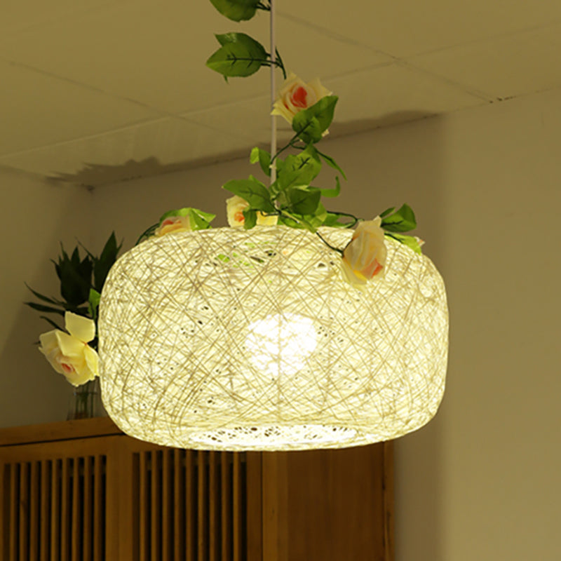 Rustic White Pendant Light With Drum/Scalloped Design - Single Hanging Lamp / 16