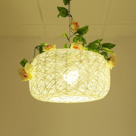 Rustic White Pendant Light With Drum/Scalloped Design - Single Hanging Lamp