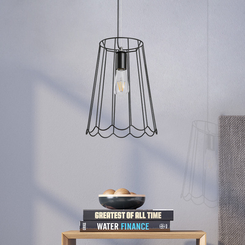 Industrial Black Metallic Pendant Light With Ruffled Edge - 1 Conical Cage 10.5/12.5 Width / 10.5