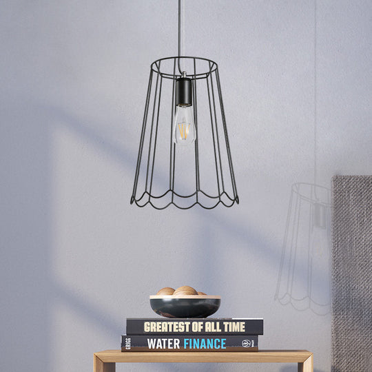 Industrial Black Metallic Pendant Light With Ruffled Edge - 1 Conical Cage 10.5/12.5 Width / 10.5