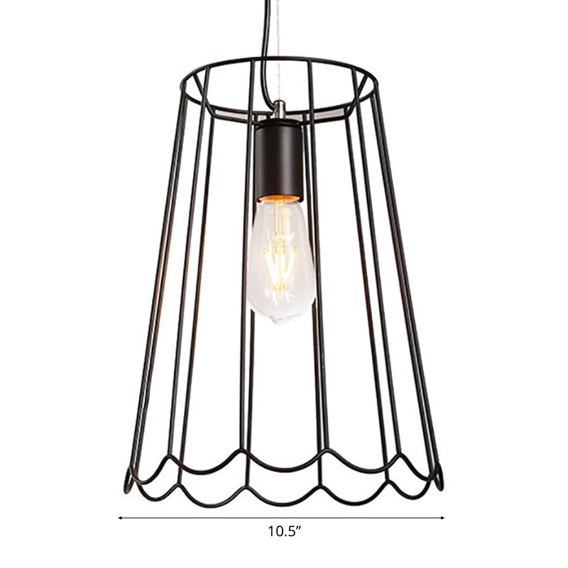 Conical Cage Pendant Light with Ruffled Edge – Industrial Black Metallic - 10.5"/12.5" Width