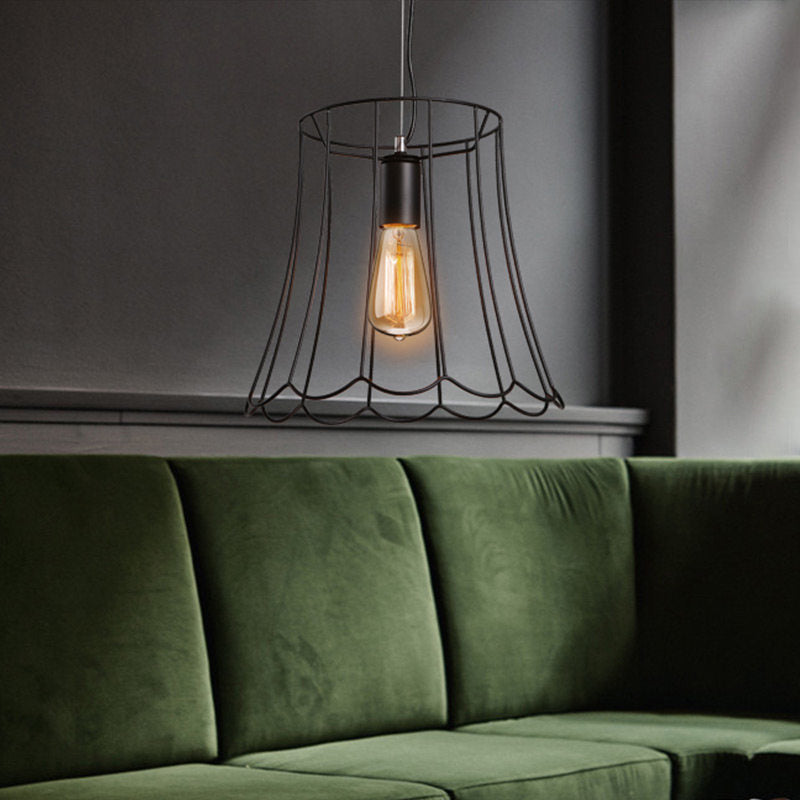 Industrial Black Metallic Pendant Light With Ruffled Edge - 1 Conical Cage 10.5/12.5 Width / 12.5