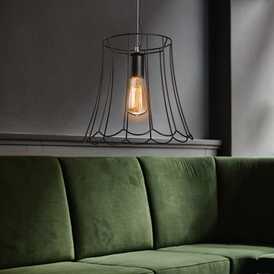 Industrial Black Metallic Pendant Light With Ruffled Edge - 1 Conical Cage 10.5/12.5 Width / 12.5