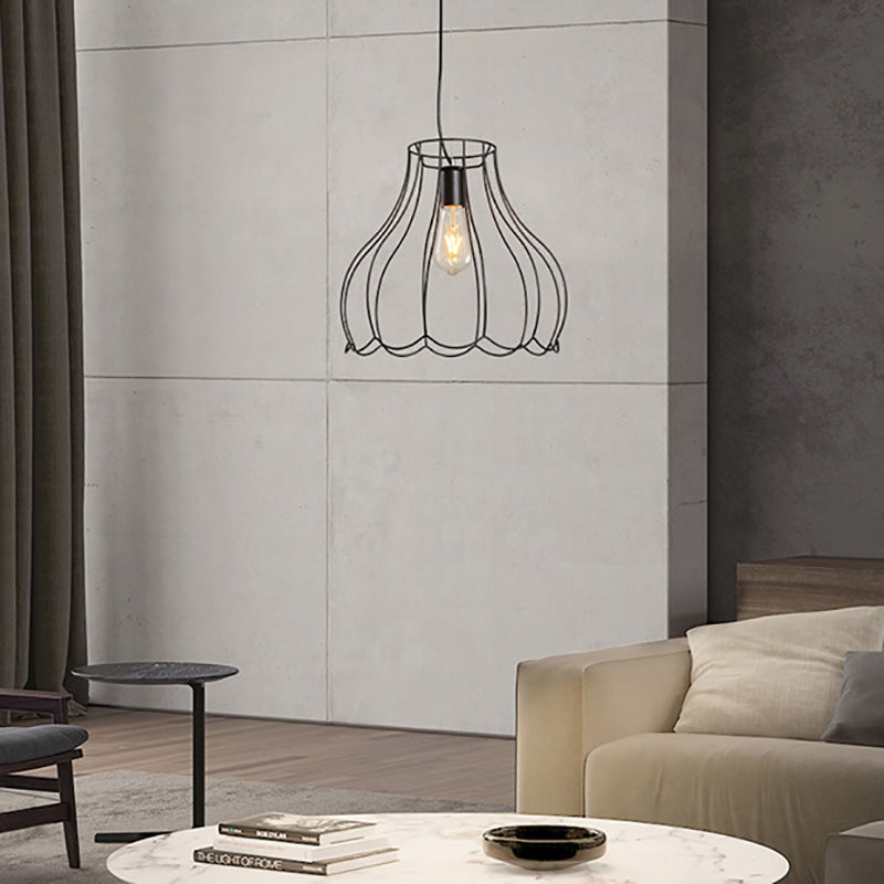 Industrial Black Metallic Pendant Light With Ruffled Edge - 1 Conical Cage 10.5/12.5 Width