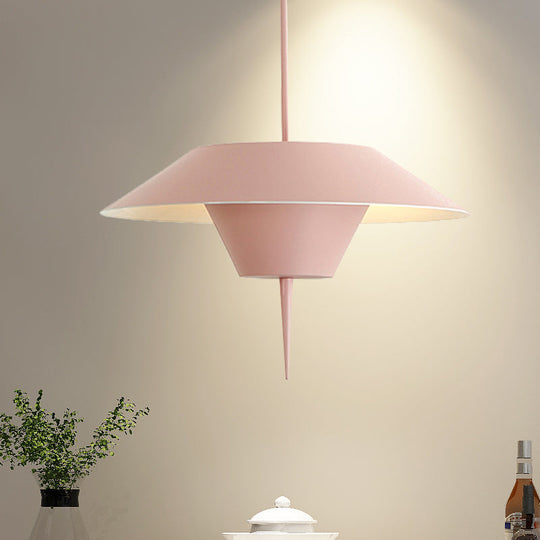 Modern Cone Hanging Ceiling Light in Grey, White & Pink - 1 Light Metal Drop Pendant with Inverted Conical Insert - Available in 12"/16" Width