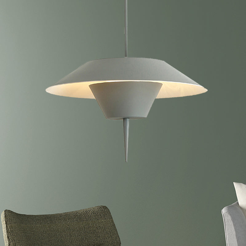 Modern Cone Hanging Ceiling Light in Grey, White & Pink - 1 Light Metal Drop Pendant with Inverted Conical Insert - Available in 12"/16" Width