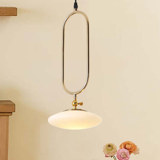 Contemporary Milk Glass Pendant Lamp In Gold Finish With Fly Saucer Design