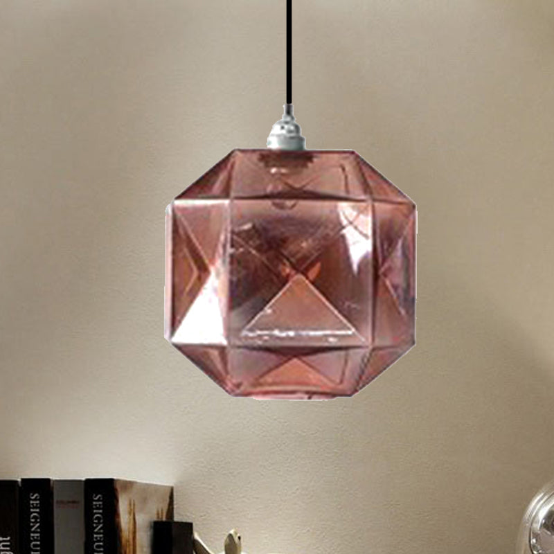 Modern Glass Diamond Pendant Light - Hanging Ceiling Light with 1 Blue/Gold/Amber Glass Light