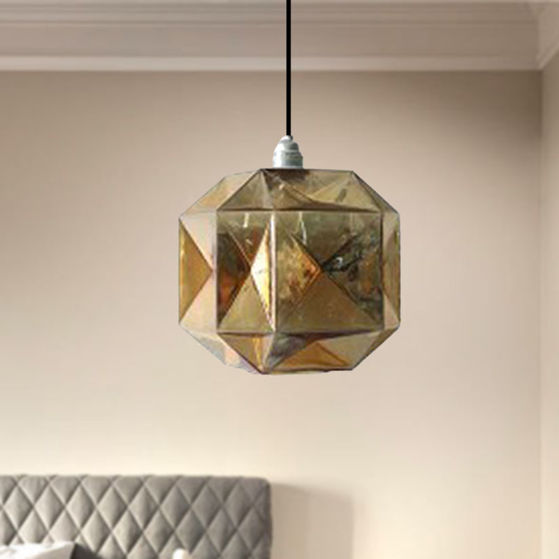 Modern Glass Diamond Pendant Light - Hanging Ceiling Light with 1 Blue/Gold/Amber Glass Light