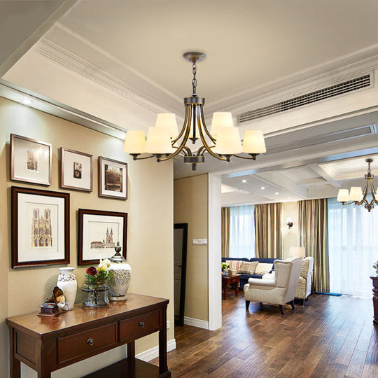 Rustic Gold-Black Conical Up Chandelier With Ivory Glass Hang For Living Room