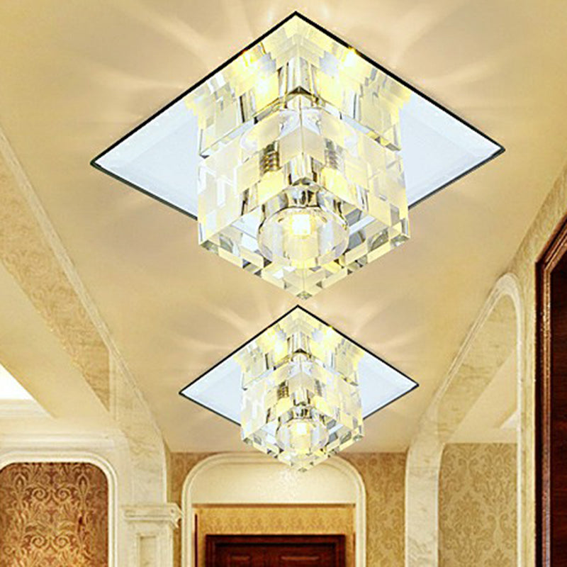 Minimalist LED Ceiling Lamp with Clear Crystal Cube Flush Mount & Checkered Pattern for Living Room