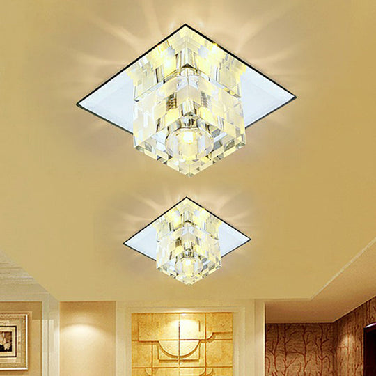 Minimalist LED Ceiling Lamp with Clear Crystal Cube Flush Mount & Checkered Pattern for Living Room