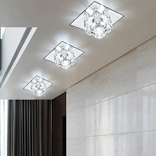 Minimalist Led Ceiling Lamp With Clear Crystal Cube Flush Mount & Checkered Pattern For Living Room