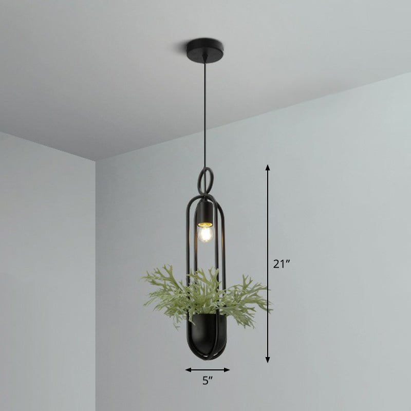 Industrial Black Metal Hanging Pendant Light with Faux Pot Plant and Bare Bulb Design