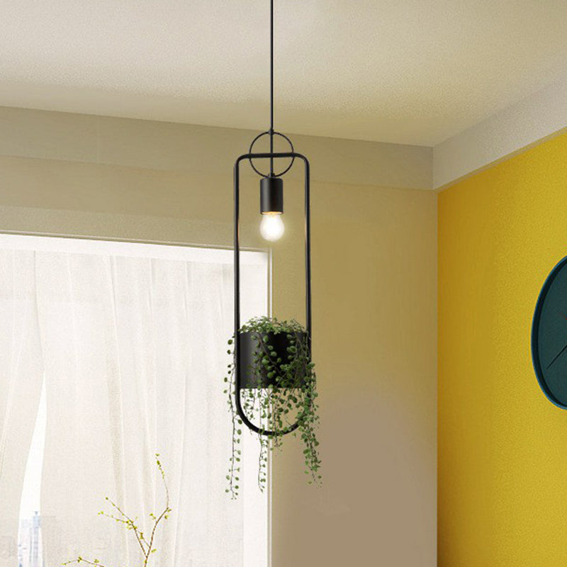 Industrial Black Metal Hanging Pendant Light with Faux Pot Plant and Bare Bulb Design