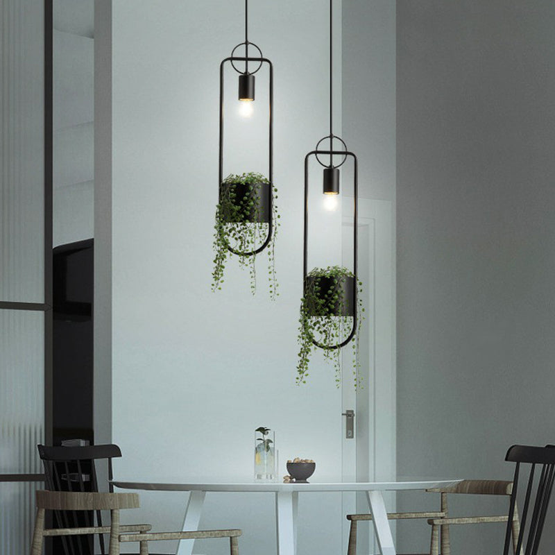 Industrial Black Metal Hanging Pendant Light with Faux Pot Plant and Bare Bulb Design