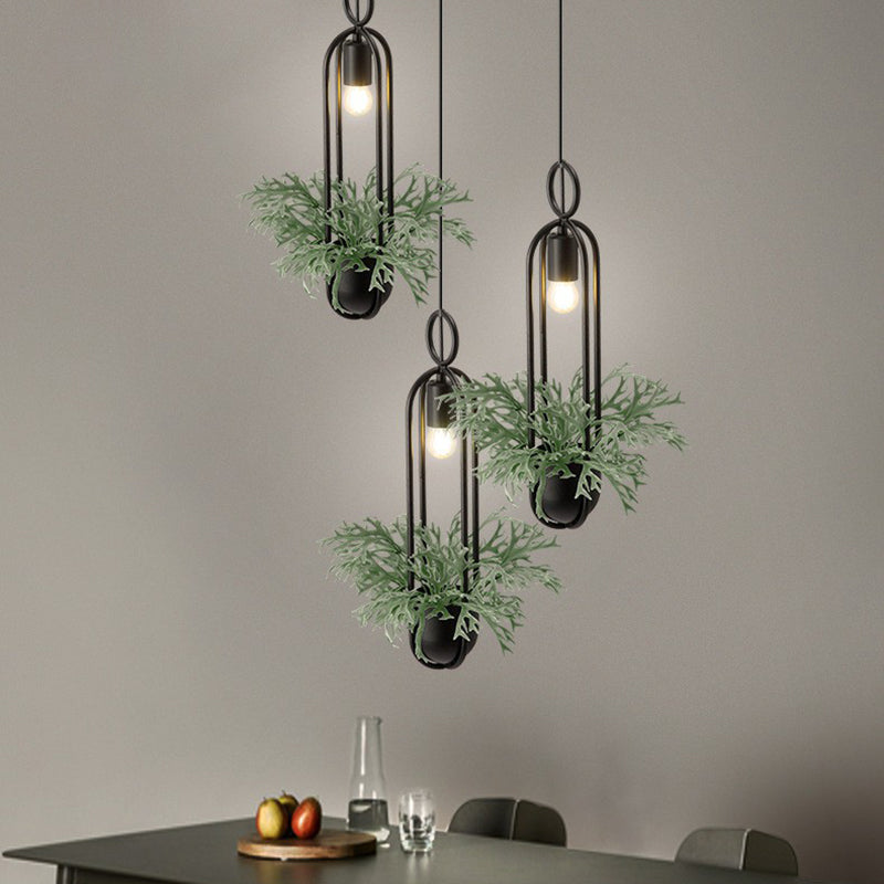 Industrial Black Metal Hanging Pendant Light with Faux Pot Plant and Bare Bulb Design