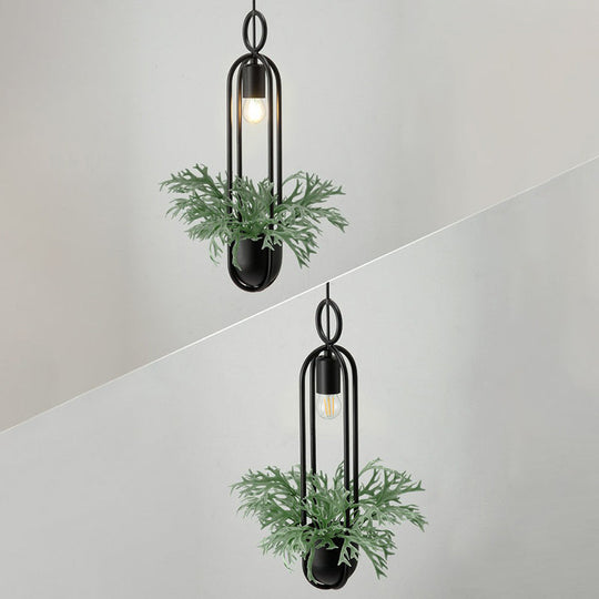 Industrial Black Metal Hanging Pendant Light with Faux Pot Plant and Bare Bulb Design