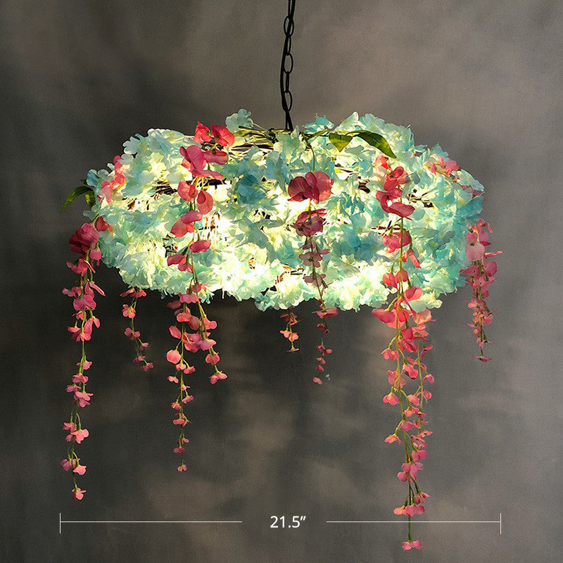 Loft Style Metal Pendant Light Fixture with Fake Flowers - 3-Bulb Round Hanging Lamp for Restaurants
