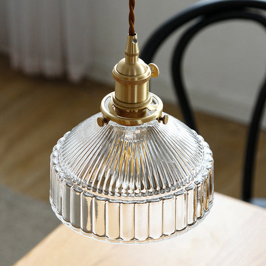 Minimalist Barn Shaped Glass Pendant Light with Clear Ribbed Design - Brass Suspension (1 Head)